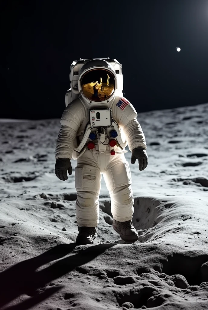 NASA astronaut takes selfie while walking on the moon, leaves footprints on the lunar soil, ultra-real cinematic