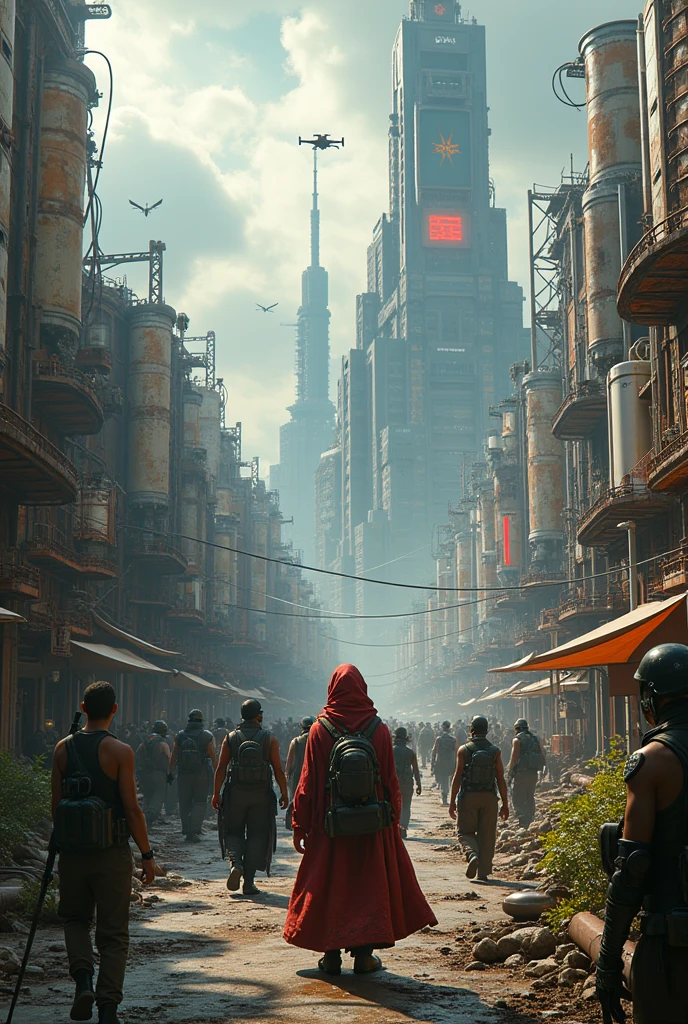 Aerial View of panoramic distopic city, laser beam, steam punk, drones, laser sword, metal, steel, sky line, britge, gate, soldier, street, army, rebelion, resistence, hologram, rusty metal, space ship, mega structure, gang, animals, oxygen Mask, ,oxygen tank with palnt in side, Wearing scrap clothes, metal gears, sniper, weapons, spikes, leather trench coat, pipes apparent, Apparent installations, machine scrap exposed mechanic cabling, a screenshot inspired by Mad Max, Neon Ligth, Trash, Garbage, Blade Runner, robotic scrap, android scrap, cyborg scrap, tumblr, dau-al-set, wearing apocalyptic clothes, ornate cyberpunk robes, chains, debris, smog, Vehicule Scrap from Mad Max, dressed as an oracle, tattered robes, intricate costume design, cyberpunk fashion clothing, still from a fantasy movie, post apocalyptic attire, mechanic exposed, cables, scrap, sky line of ruins, vehicule military.