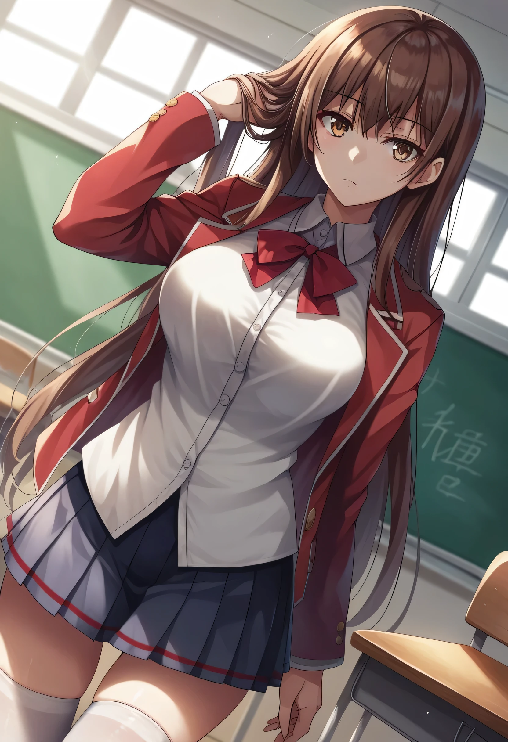Ayanokouji Kiyotaka cambia and niña, Youkoso Jitsuryoku Shijo Shugi no Kyoushitsu e, Tomose Shunsaku, 1 girl, Alone, High resolution, dutch angle, very long hair, Brown hair, golden brown eyes, fringe, fringe partido, expressionless, Closed mouth, medium large breasts, neckline, clavicle, White shirt, Red school jacket, buttons, pleated skirt,white color, long transparent stockings, looking at the viewer, Hand in hair, arm ,pose, Standing, thigh gap, legs, classroom, long black stockings ,day full of light, desk, window , masterpiece, Best Quality, Best Quality, amazing, beautiful detailed eyes, finely detailed, depth of field, Extremely detailed CG unity 8k wallpaper, Whole body, different poses.