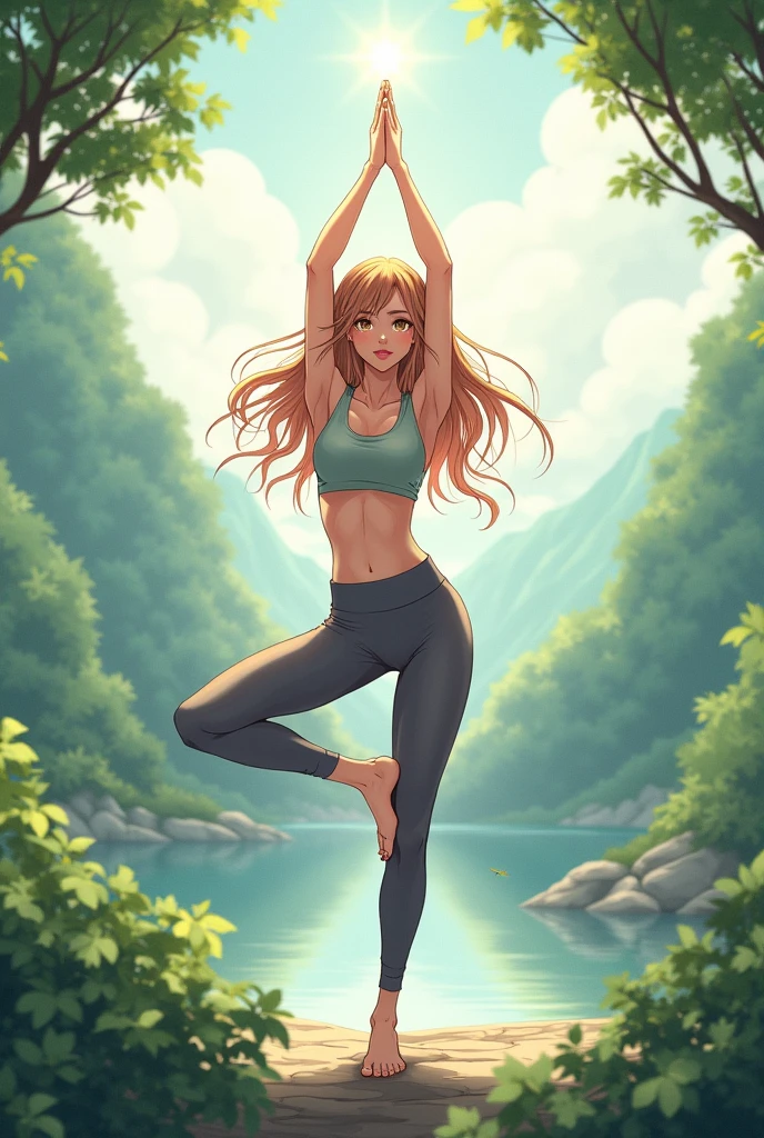 anime woman doing yoga