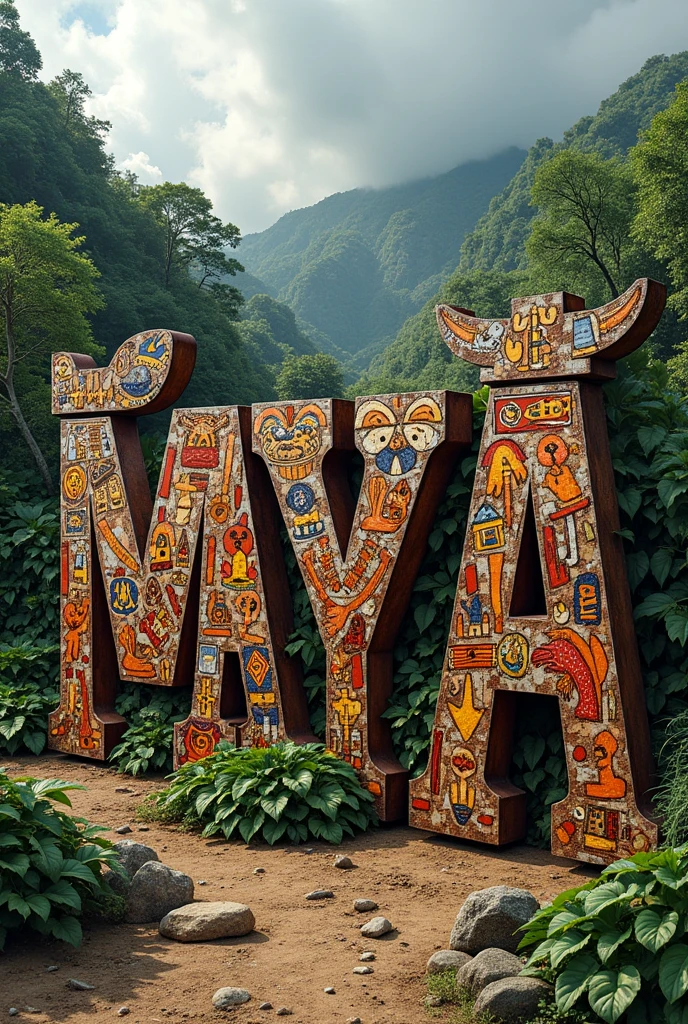 Low Verapaz word with letters in Mayan designs made with recycled materials