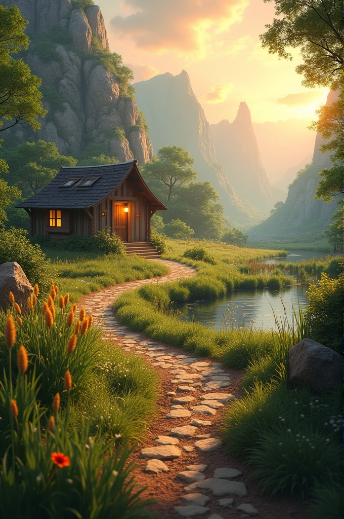

"A serene, natural setting featuring:

- A rustic, winding path made of stones and soil, stretching towards the south
- A small, simple building on the southeast side, with a warm and inviting glow
- A stunning, majestic building on the south side, with a sense of grandeur and beauty
- A well-defined, east-west path connecting the two buildings, symbolizing clarity and direction
- A lush, wet marshy area on the west side, teeming with wild, unidentified plants and greenery
- A prominent, unidentified grass or plant in the foreground, adding texture and depth

The atmosphere is peaceful, with a sense of exploration and discovery. The setting sun casts a warm, golden light from the south, illuminating the scene."
