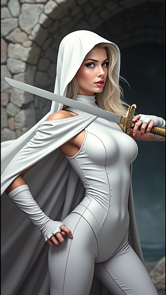 a cartoon of a woman in a white outfit with a sword, zenescope, emma frost, female moon knight, portrait of emma frost, art of silverfox, beautiful comic art, artgerm comic, high detail comic book art, chris moore. artgerm, comic digital art, as seen on artgerm, artgerm style, high quality, (RAW photo, best quality), (realistic, photorealistic: 1.4), (extremely delicate and beautiful: 1.4), amazing, fine details, masterpiece, ultra detailed, high resolution, best illustration, best shadow, intricate, ( extremely intricate: 1.2), (exquisitely detailed skin), cinematic light, perfect anatomy, (cool color: 1.4), sharp focus, 8k UHD, DSLR, (Fujifilm XT3),,(Fondo de ruinas de mazmorra en ruinas piedras grandes caverna cueva :1.4 ), (Chaotica: Spellbound:1.4), ( pose americano :1.4), (pose medio cuerpo :1.4), (mostrando su hermoso culo :1.4), (tiene un hermoso culo :1.4), (rear view, backside view),(Chaotica: Spellbound:V2.1) 