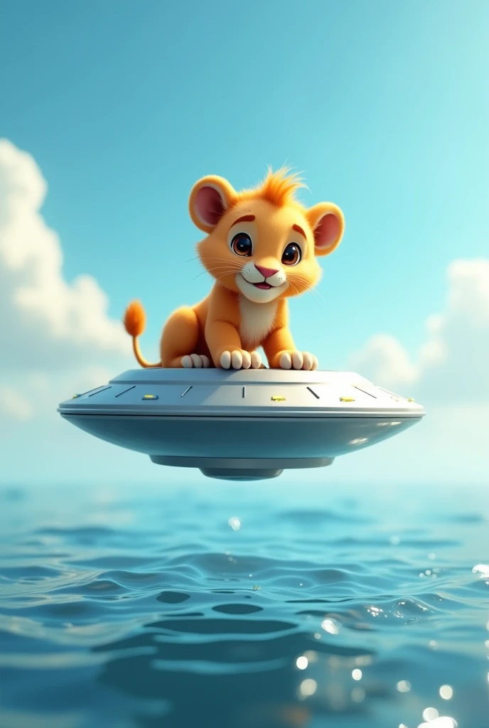 Cute lion on ufo in ocean
