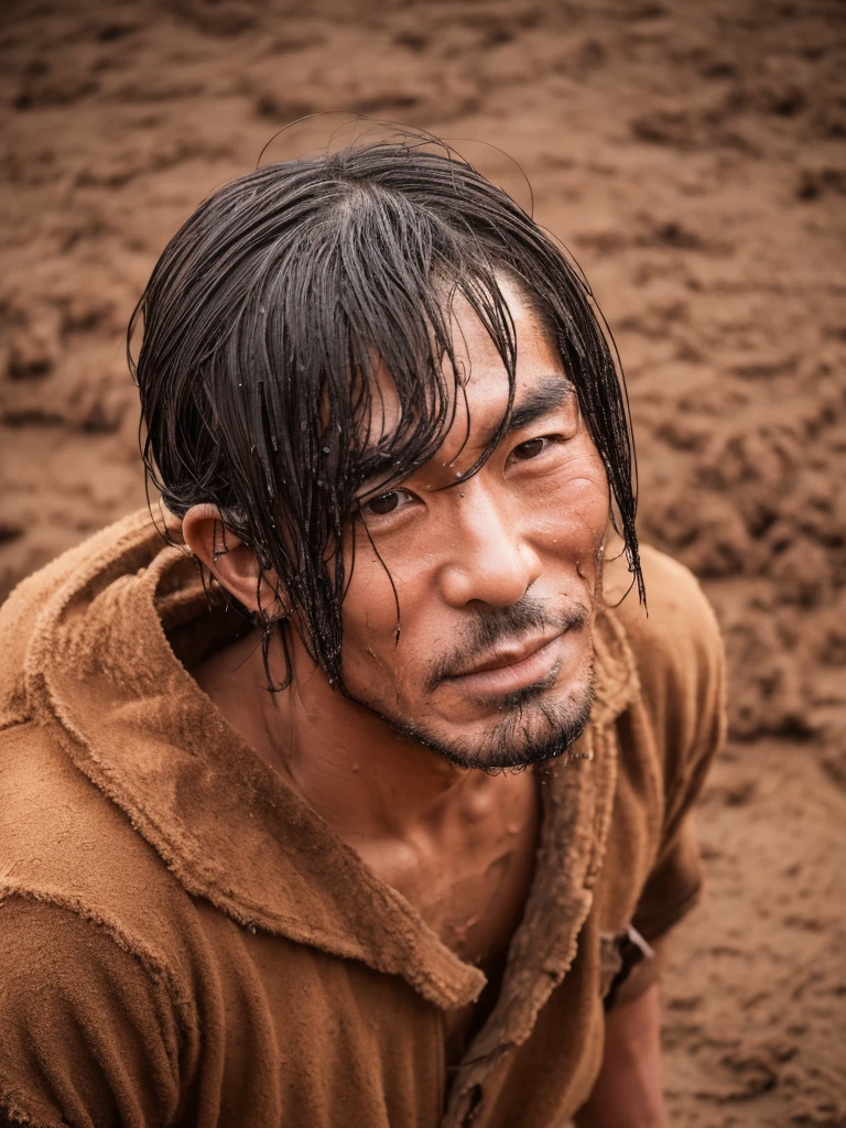 handsome (Japan) farmer, muddy, dirty, wet, Obscene set, Provocative image, perfect face, (homosexuality:1.2), Tall and strong, 8k quality, Ridiculous details and texture qualities