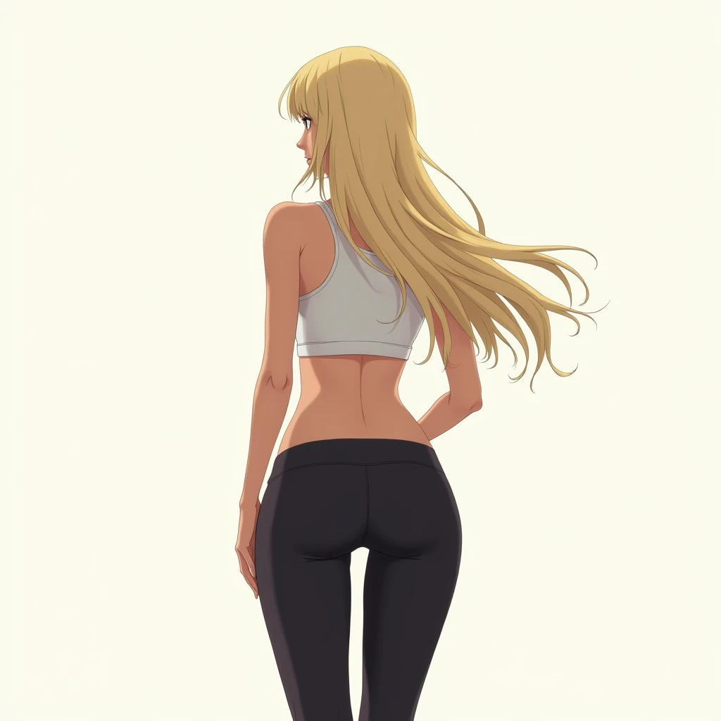 anime girl, long blonde hair, plain background, white tank top, slightly exposed midriff, tight black yoga pants, tall, curvy but proportionate, hourglass figure, prominent hips, from behind, not looking at viewer, walking and swaying hips.
