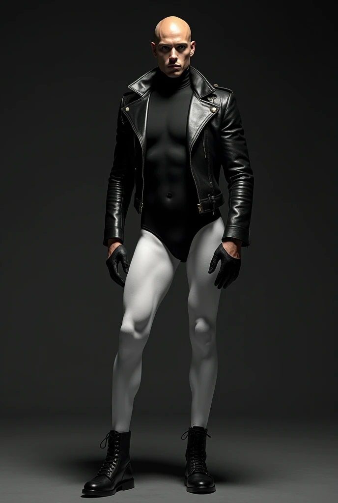 Man wearing white stockings, a black leotard, a black leather jacket, black boots and gloves