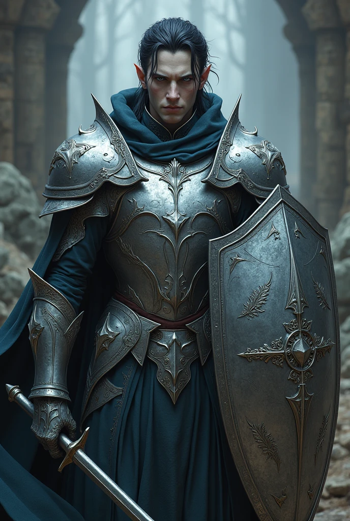 Male elf dark short hair vampire skin dark blue eyes no beard with silver heavy armor and silver closed helmet , short mace and tower shield