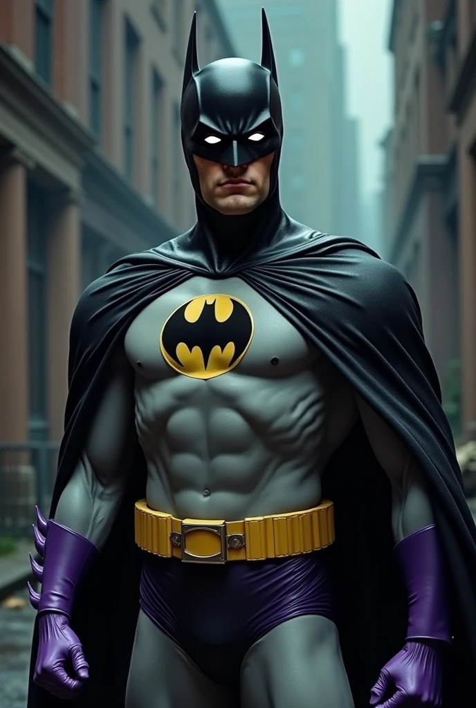 Cartoon Batman in his first appearance suit with the black and gray, and has the Purple gloves, and the black cowl With spread out ears