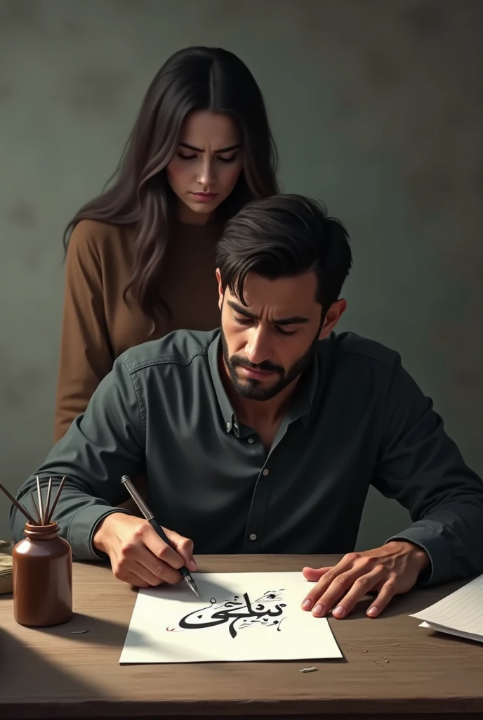 A man was sitting on the table and his holding a pen. There is a paper in front of the boy, in it he بے" چینی"  writing   ab man بے چینی  From بی اے He is cutting and there is a woman standing behind him who is watching him and looks sad and tense. 