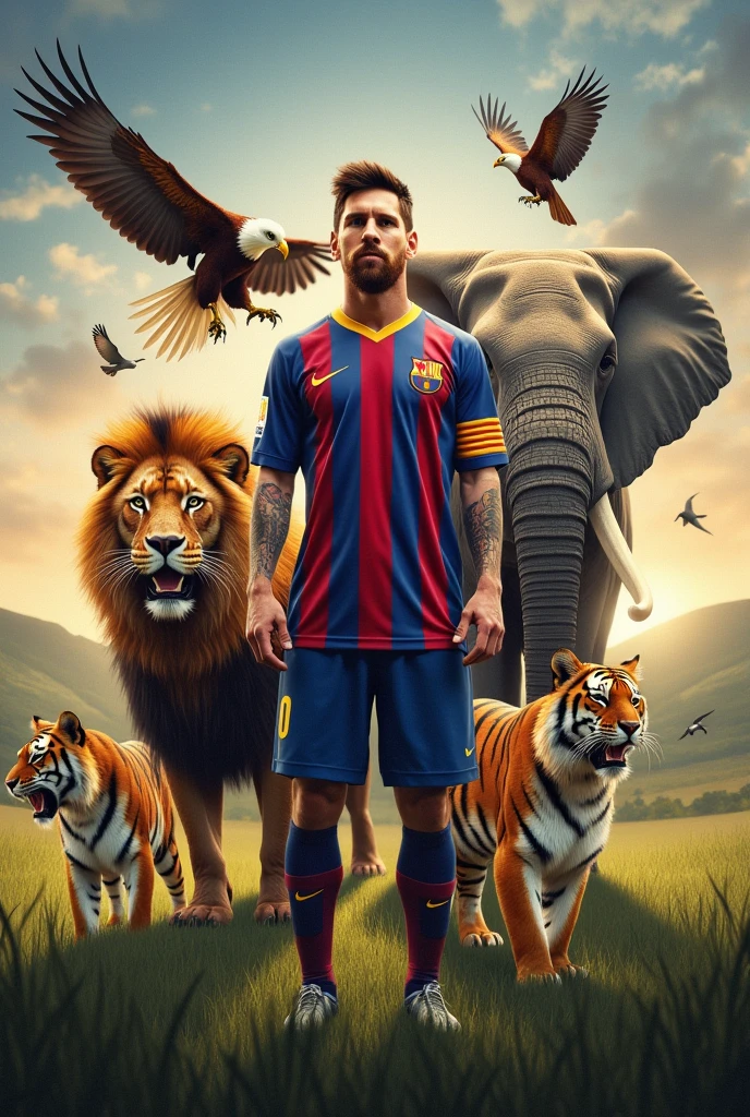 Messi with many animal like lion,tiger,,eagle,elephant,