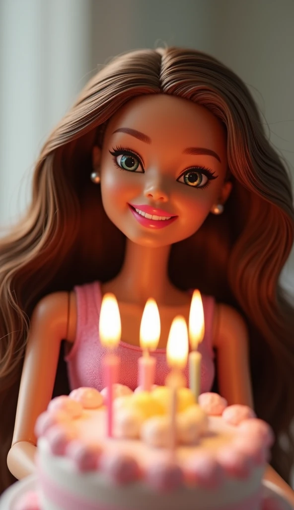 長い巻き毛のブルネットのcuteバービー人形が、Holding a cake with four candles、laughing、cute