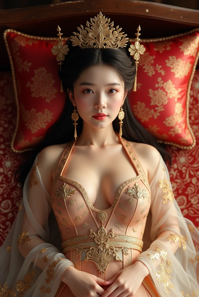 (photorealism:1.2), Using Imperial Chinese Traditional Dress, beautiful Queen, lying on the bed, A close-up and straight-on view from above, good body, straight body, give up, big breasts, like Diao Chan.