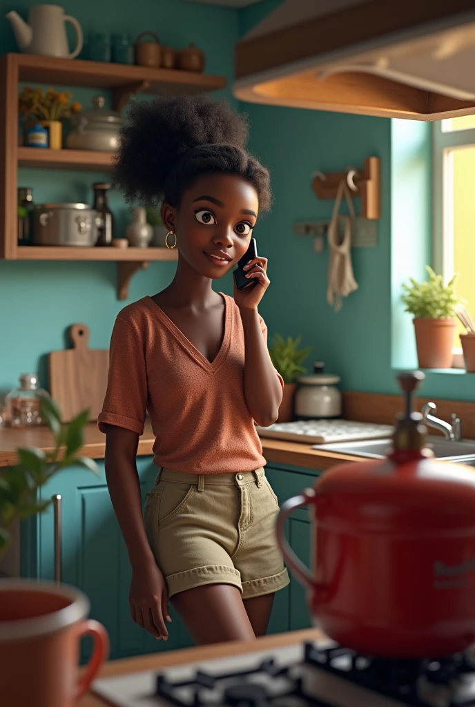 An image of a kitchen with a gas cylinder near the stove, a black woman receiving a phone call in the kitchen and no ventilation