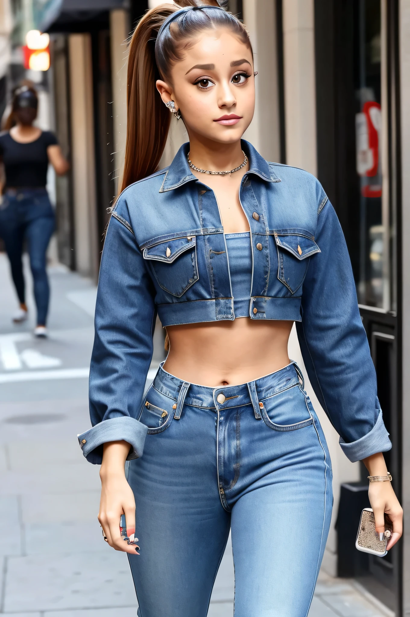 Ariana Grande, beautiful, jean crop top, jeans, walking on the street