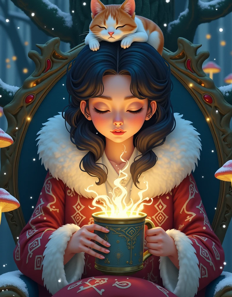 Ghibli Studio style, vibrant colors, close-up of a beautiful enchantress's hands holding a mug overflowing with swirling, luminescent mist. She wears a richly embroidered mage coat with fur accents, seated in a throne carved from a living tree that glows with runes. A calico cat sleeps peacefully on her head, glowing mushrooms around, snowflakes drifting into her grove dwelling, a sense of powerful yet gentle magic.