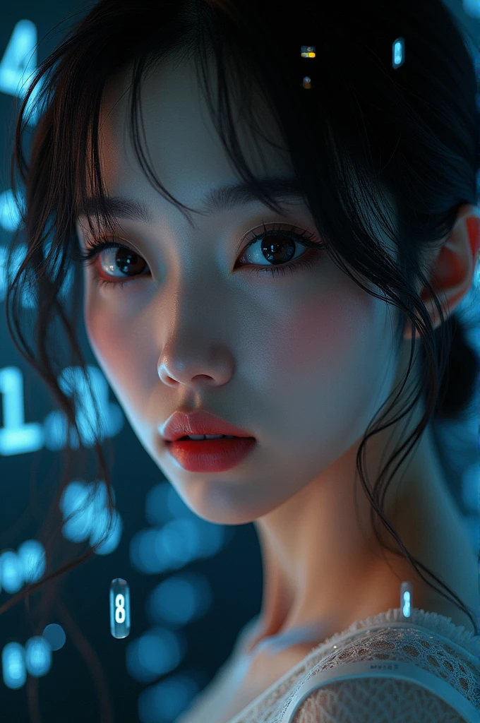 Close-up of a Woman's Face, Beautiful Japanese Model、Green Glowing Holographic Equations Projected on Skin. Strong gaze, Realistic Features. Dark Background, Cyberpunk aesthetic. Glowing Equations, Handwriting style. Futuristic, High-tech Atmosphere. Photorealistic Rendering, Dramatic lighting, Crisp contrast、Enchanting cleavage