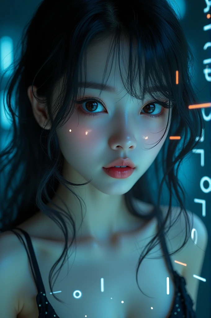 Close-up of a Woman's Face, Beautiful Japanese Model、Green Glowing Holographic Equations Projected on Skin. Strong gaze, Realistic Features. Dark Background, Cyberpunk aesthetic. Glowing Equations, Handwriting style. Futuristic, High-tech Atmosphere. Photorealistic Rendering, Dramatic lighting, Crisp contrast、Enchanting cleavage