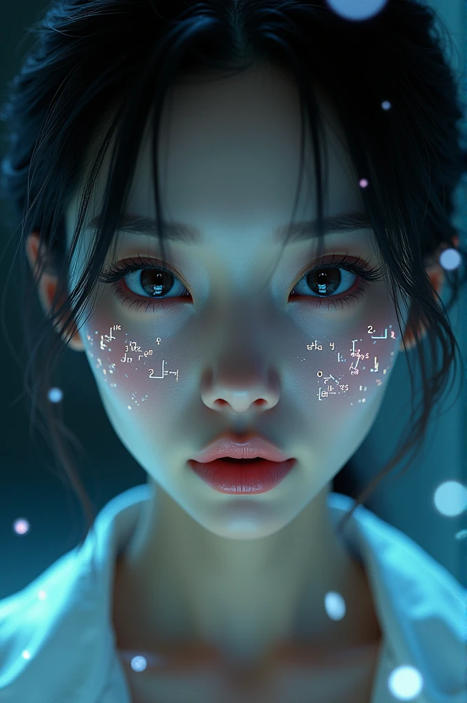 Close-up of a Woman's Face, Beautiful Japanese Model、Green Glowing Holographic Equations Projected on Skin. Strong gaze, Realistic Features. Dark Background, Cyberpunk aesthetic. Glowing Equations, Handwriting style. Futuristic, High-tech Atmosphere. Photorealistic Rendering, Dramatic lighting, Crisp contrast、Enchanting cleavage