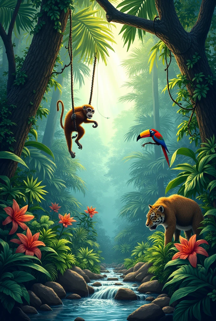 
"An immersive and vibrant illustration of a dense jungle scene, filled with towering trees, thick undergrowth, and a variety of plant life. The jungle is alive with exotic flora, including large ferns, colorful orchids, and vines hanging from branches. Sunlight filters through the thick canopy above, creating dappled patterns of light and shadow on the forest floor. In the foreground, a small stream flows gently over rocks, reflecting the lush greenery. Various animals, like a curious monkey swinging from a vine, a colorful parrot perched on a branch, and a hidden jaguar peering through the foliage, add a sense of life and mystery to the scene. The atmosphere is humid, rich with the sounds of chirping birds, rustling leaves, and distant animal calls."

