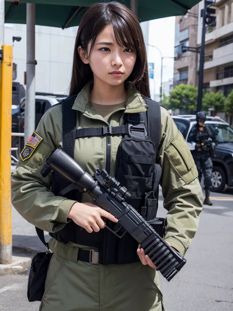 Female special forces soldier holding a machine gun in an urban area