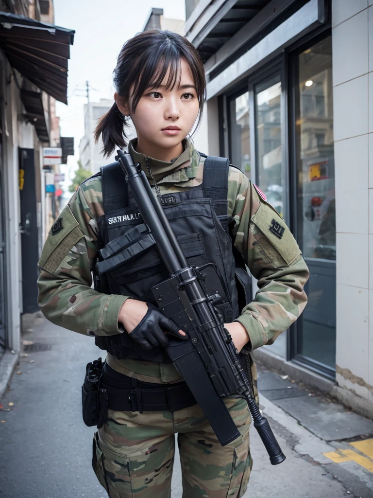 Female special forces soldier holding a machine gun in an urban area