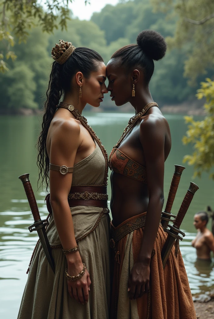 white skinned russian imperial queen with dark skinned daughter, and dark skinned african tribal queen with pale white skinned daughter,stone age, both have a similar build, both are sitting ,beside a lake, both their faces have a angry frown , kissing eachothers neck while they hide a ornate knife is in their hands behind their back while their daughters are in the distance kissing in the lake