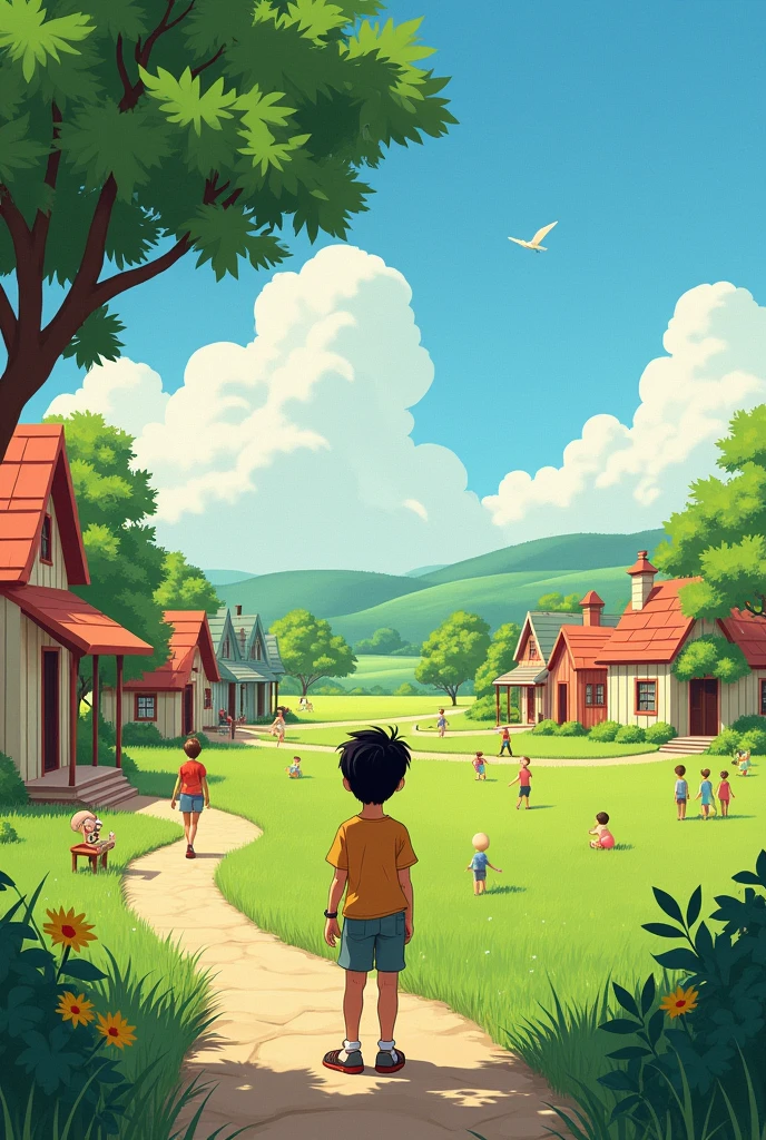 (
Prompt: A beautiful, peaceful village called Sunnyale, wi small, colorful houses, lush green fields, and a clear blue sky. Children are playing happily, and villagers are seen going about their daily routines. A young boy named Aryan, around , with short black hair and wearing a simple t-shirt and shorts, stands in the foreground, looking thoughtfully at his surroundings, wondering how to make the village more exciting., window with sunlight, cozy room, relaxed pose, realistic, intricawarm colors, by Greg Rutkowski, by Alphonse Mucha