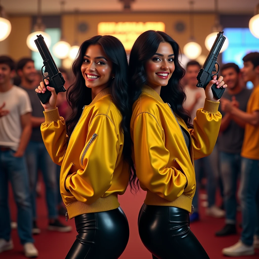 wide depth of field, wide depth of focus, f/11 lens setting, all objects in focus, full color image, 2 laughing Indian women standing back to back, posing with pistol held strait up by face, looking at camera ,large fraternity house game room, full body image, (yellow satin bomber jackets, shiny black satin pants), women posing with a pistol held up by face, one girl makes peace sign with hand, long flowing hair (one raven haired, one brunette) , confidant smile, pure form, intricate details, 8K post-production, high resolution, super detailed, Popular topics on Artstation,, Studio photos, intricate details, Very detailed, she stands in the middle of the room and she is surrounded by a large (all male) group of cheering young men wearing jeans and t-shirts who are all standing in the background