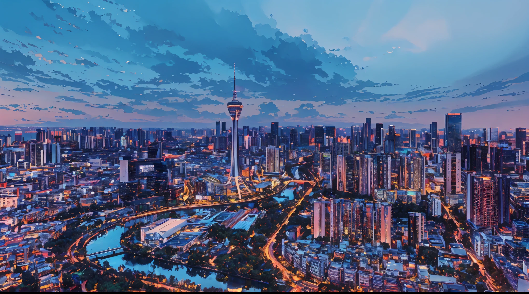 Makoto Shinkai's style,best quality,Ultra Detail,masterpiece,Fine details,high resolution,8k,in the evening,In the style of Xinhaicheng,There is lighting,wallpaper,architecture,City,City景观,nobody,landscape,City,City view,architecture,outdoor,Sky,Skyscraper,Real-world location,Blue sky,tower,the way,Ground Vehicles,car,(City夜景),