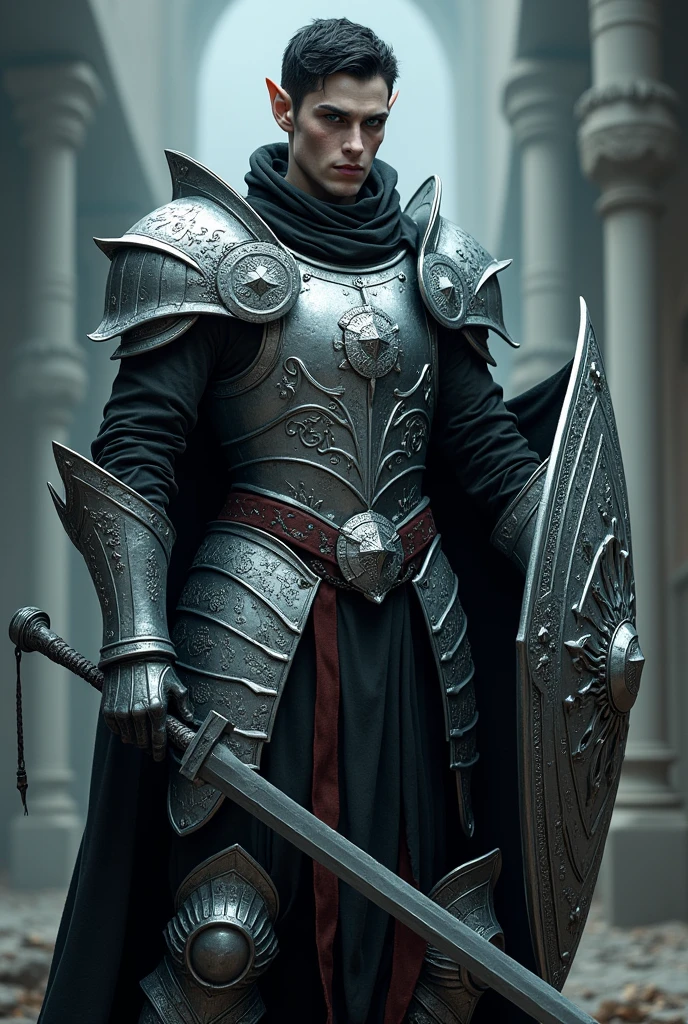 Male elf dark short hair vampire skin dark blue eyes no beard with silver heavy armor and silver closed helmet , short mace and tower shield