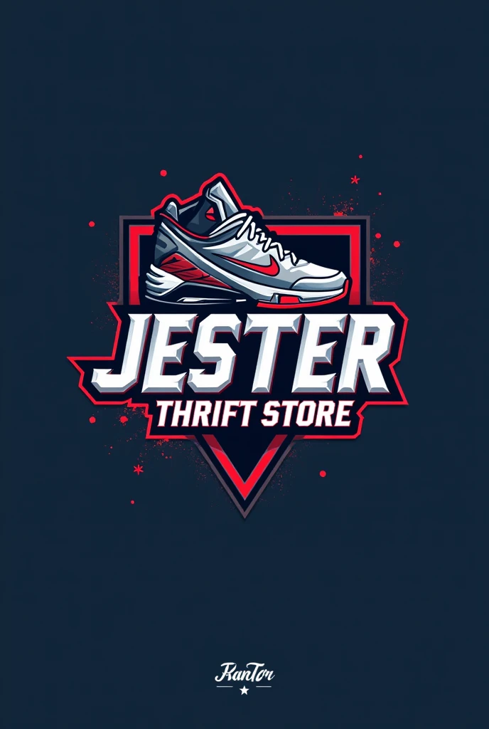 "Design a modern and dynamic store logo for a store named 'Jester Thrift store'. The logo should feature a Sneaker theme, with a bold and energetic design. Include elements like a Nike Sneaker, or stumps subtly integrated into the design. The color scheme should be a mix of dark blue, silver, white, and red to convey power and agility. The store name 'Jester Thrift store ' should be prominently displayed in a stylish, sporty font. The overall look should be sharp, professional, and suitable for a jersey and merchandise."