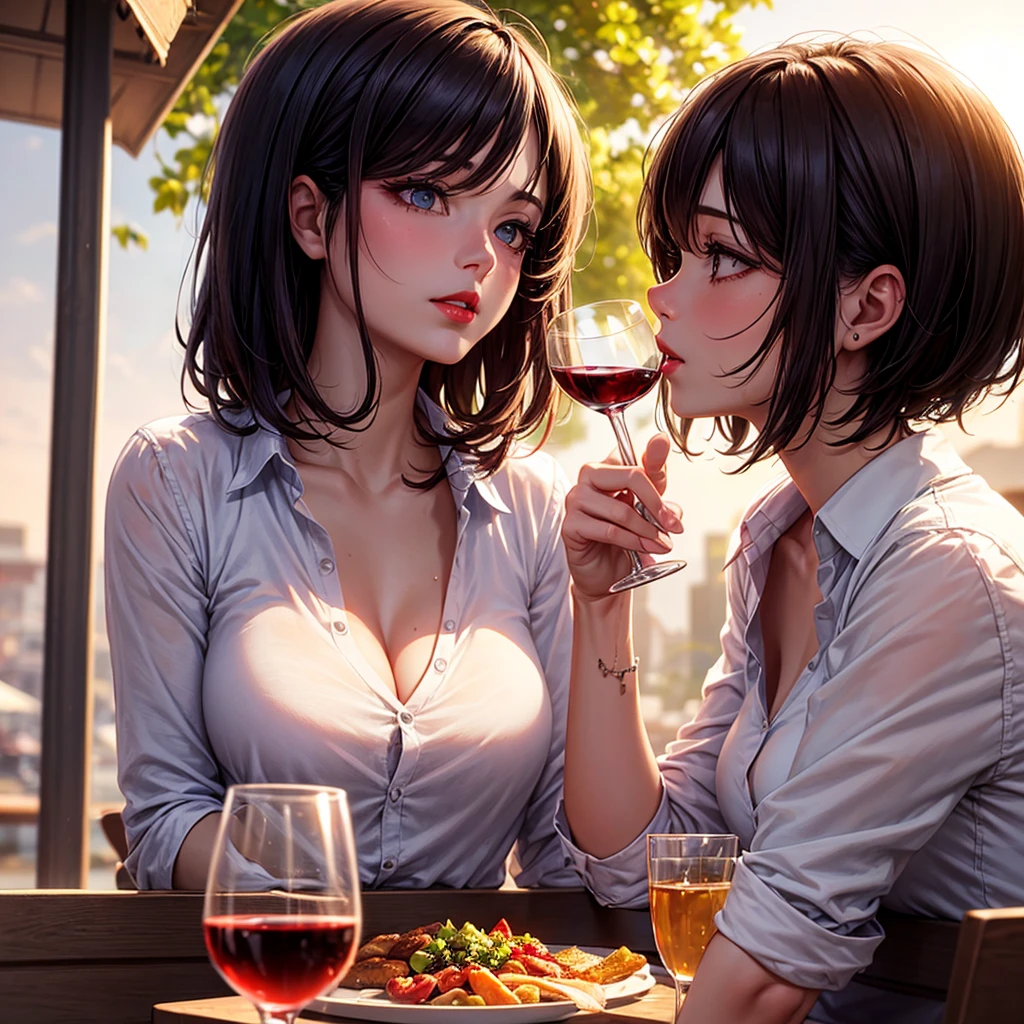 Digital illustration style, realistic, drunk beautiful woman, drinking wine, side view, close-up, short hair, shiny red lips, moist eyes, v-neck collared shirt, outdoor restaurant background, sun, shade, backlight,