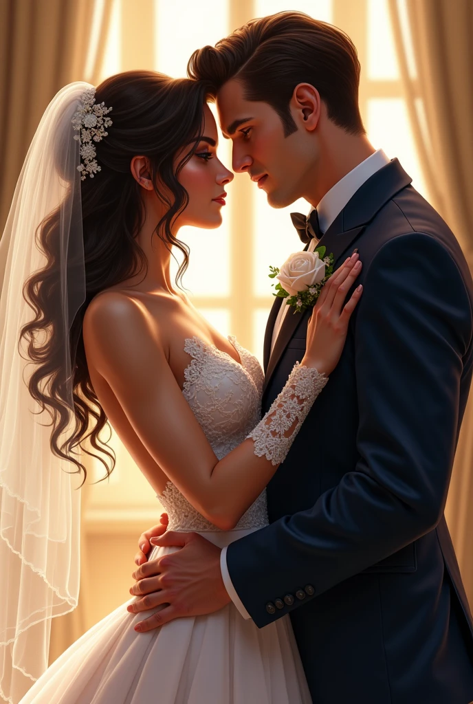 I can&#39;t create images directly, but you can use this description to request an illustration from an artist or in an image generation tool. Here is a summary of its description:

- **Woman**: Brunetette, Bullish, brown curly hair, wearing a wedding dress.
- **naughty man**: blackquality hair, smooth, Caucasian skin, tall and strong, smiling at her, wearing a groom&#39;s suit.

If you are using an online tool to create images, just enter these details and adjust as needed!