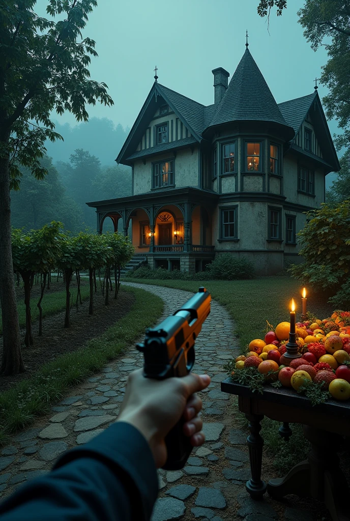 a ((first person perspective)) of an abandoned mansion, one arm with a pistol, garden with vineyards, fruit banquet on a table, night, (best quality,4k,8k,highres,masterpiece:1.2),ultra-detailed,(realistic,photorealistic,photo-realistic:1.37),highly detailed, intricate, dramatic lighting, moody atmosphere, cinematic, hyper-realistic, photographic, dark fantasy, eerie, suspenseful, award-winning, stunning composition