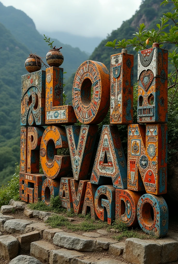Low Verapaz word with letters in Mayan designs made with recycled materials