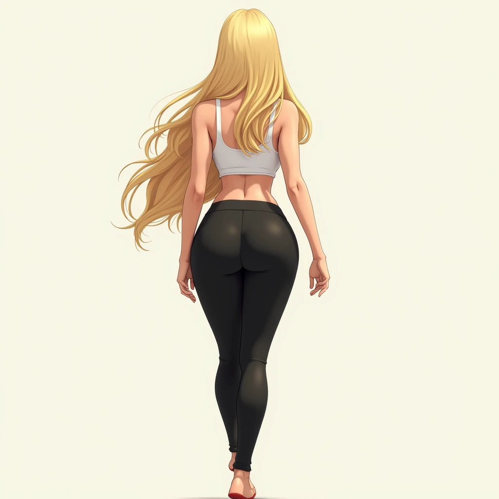 anime girl, long blonde hair, plain background, white tank top, slightly exposed midriff, tight black yoga pants, tall, curvy but proportionate, hourglass figure, prominent hips, from behind, not looking at viewer, walking and swaying hips.