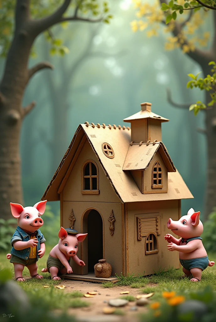 Please, describe to me the story of the 3 little pigs, but with an added twist. Instead of just three little pigs, I want there to be four. The fourth little pig must build his cardboard house. What does the cardboard house look like?? What does the fourth pig look like?? How does he interact with the other three little pigs??