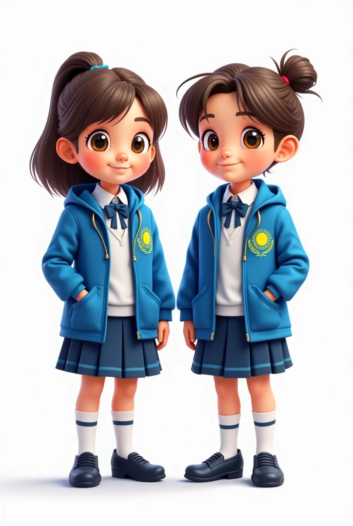 ((officially)) ((masterpiece)) ((Best quality)) ((detailed)) cartoon boy and girl in blue school uniform with Kazakhstan flag emblem on clothes on white background