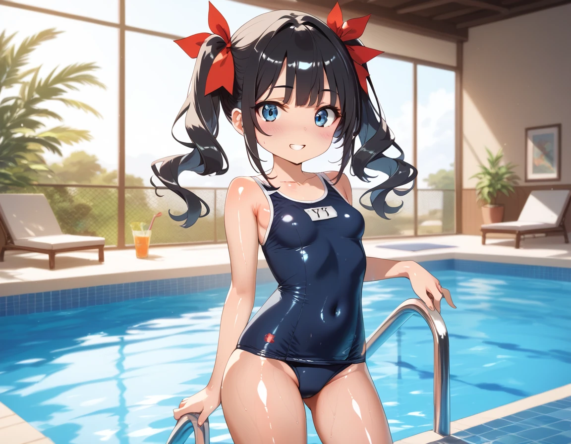 NSFW,(masterpiece, Highest quality:1.2), (((masterpiece))), (((best quality))), ((ultra-detailed)), (illustration), One girl,skinny,Wide waist,Small breasts,blue eye,Twin tails,,Black Hair,Red ribbon,(Shiny skin:2), looking at viewer,(blush),,wide eyes,Grit your teeth,(Wet),,big butt,Pool,(steam),(chibi),School Swimsuit,