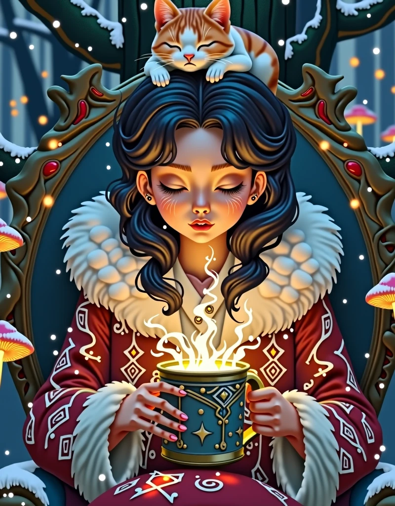 Ghibli Studio style, vibrant colors, close-up of a beautiful enchantress's hands holding a mug overflowing with swirling, luminescent mist. She wears a richly embroidered mage coat with fur accents, seated in a throne carved from a living tree that glows with runes. A calico cat sleeps peacefully on her head, glowing mushrooms around, snowflakes drifting into her grove dwelling, a sense of powerful yet gentle magic.
