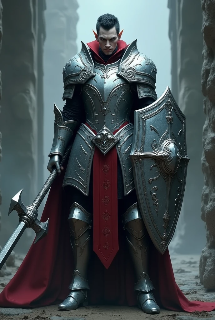 Male elf dark short hair vampire skin dark blue eyes no beard with silver heavy armor and silver closed helmet , short mace and tower shield