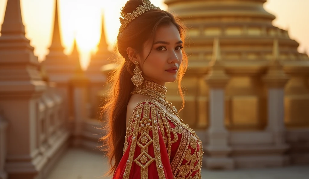 sabaithai A woman in an opulent traditional Thai outfit, posing confidently in front of a majestic Wat Arun, with golden light illuminating her figure, enhancing the intricate details of her attire