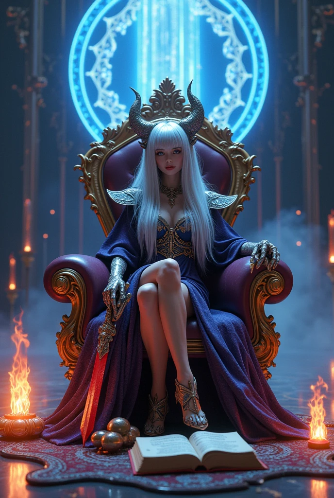 Surreal　Very detailed　Ultra Fantasy　Ultimate Details　Ultra-high resolution　8K 32k 3D 　clear, Beautiful Eyes　　Silver Hair　　sit　assassin　　devil anacondas on both shoulders spitting flames　mechanical engineering　Mechanic Art　　.　intricate and elaborate design, おmoney, money　Silver　Silver 紫　Black-purple　Dynamic pose　　Cinema Lighting　Magic spell aura　Chairにsit　　　Blue magic circle design　big, luxurious amulet made of money　Bright colors　　girl　 美しく神秘的なdevilの魔術師　Nice, Mysterious and cool tiara　The ultimate mysterious design　devil&#39;Rainbow Armor　　神秘的なdevil&#39;Chair　Luxurious Armor　girl 　Breaking the Magic Seal　足元には4本のエキゾチックなdevilのロウソク　右手にdevilのデザインの豪華なメタリックな大剣を持っている　In his left hand he holds a burning red torch　Head Jewelry　In the background, a waterfall flows from the top right.　Gold Gauntlet　devil的十字架の首飾り　A book of spells on his lap　Pillars of fire from the floor　princess