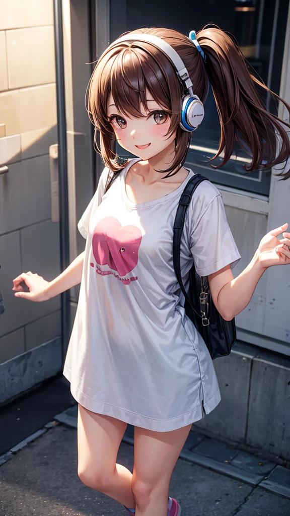 One girl, Transcendent Real、headphone、long髪、Brown Hair、 smile, cute、High resolution, masterpiece, High-resolution model, 3D Rendering, Normal chest、Short white short sleeve shirt、long、足首まで隠れるようなlongワイドパンツ、Baggy、headphone、headphone、whole body、whole body、9:16、Character portrait、smile, Simple Background,
