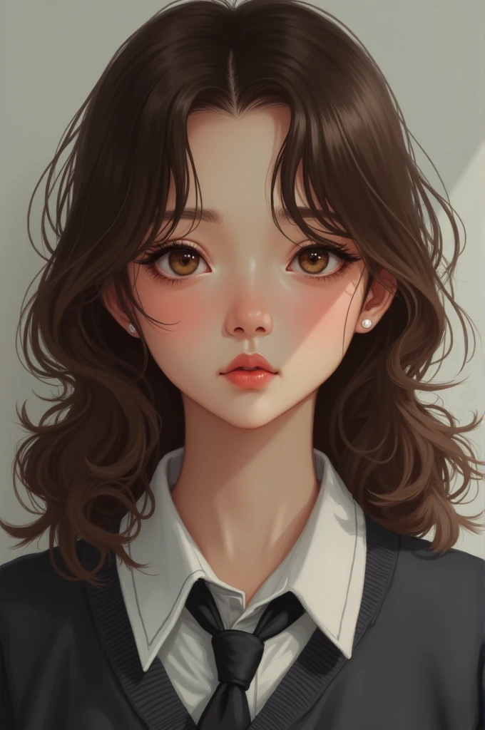 Adult with wavy brown hair, white skin, light brown eyes in high school uniform