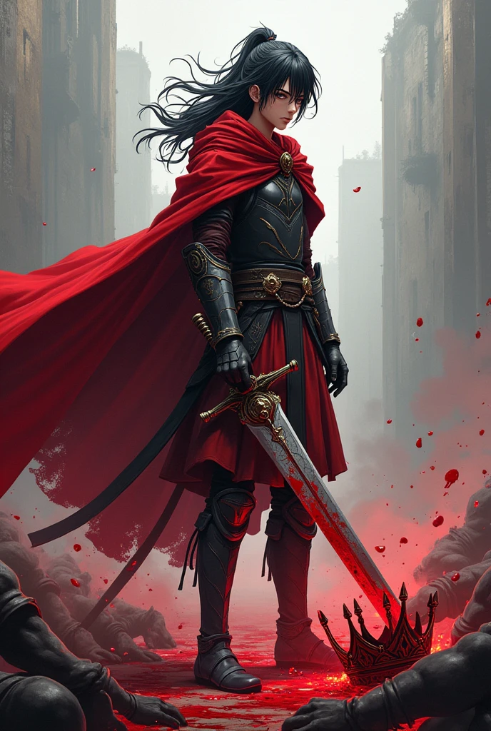 A warrior defeating many people and his sword is fully coverd with blood and he is wearing his red cape also his hairs like eren yeager are long and he is more like young anime teenager and his crown is placed on the ground