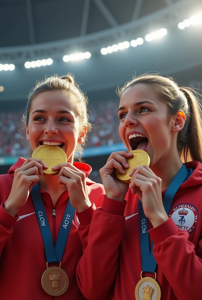  Olympic players biting their gold medal 