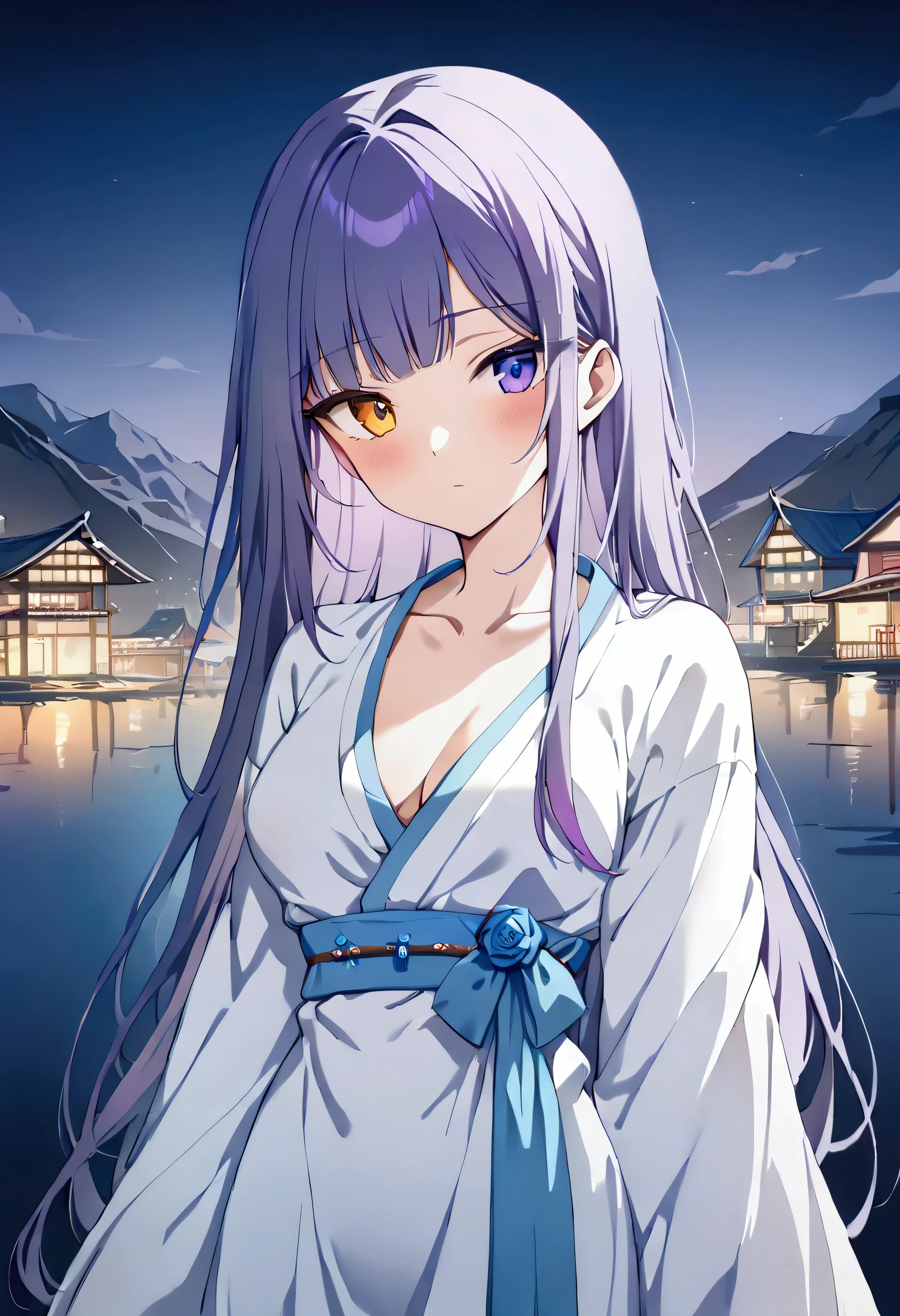 Best Quality, masterpiece, High resolution,, 1 girl, detailed face, (Upper part of the body:1.6), Cyber cities, mountains and rivers, evening, firefly lights, Rich in details, (Hanfu blanco:1.2), (beautiful body:1.4), purple hair, heterochromia, Metallic blue bangs, old, Whole body,