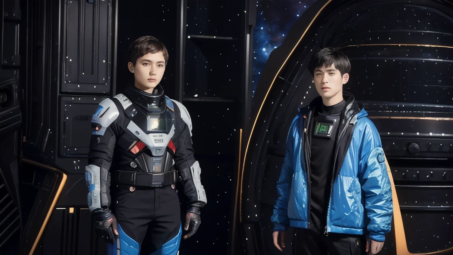 277 (20-year-old woman,short hair), (20-year-old male), Are standing, flower, Futuristic clothing, machinery suit, (The background is a galaxy and nebula)